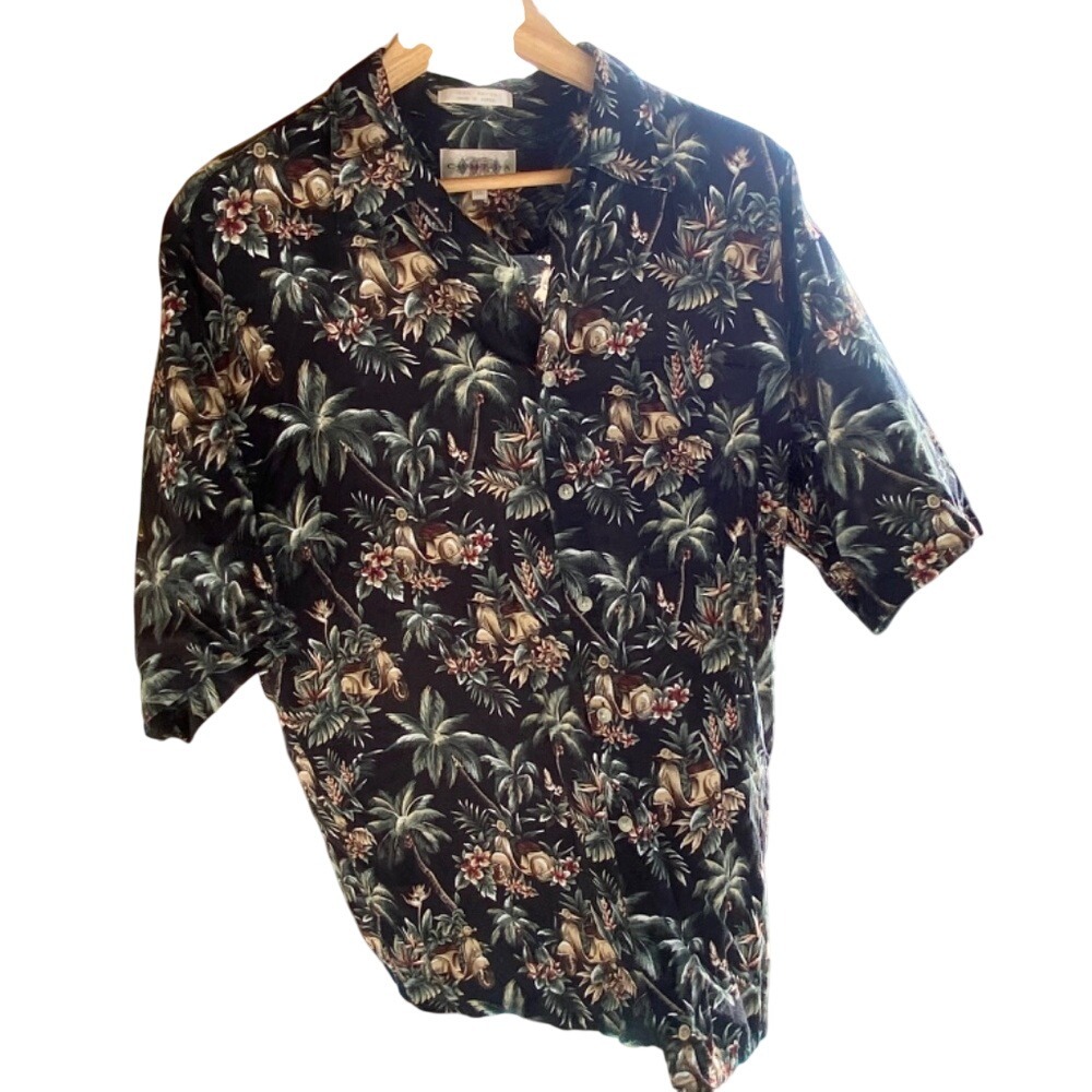 Campia Moda Hawaiian Artwork Palm Trees Hut Mens Button-Down Shirt XL - Picture 2 of 6